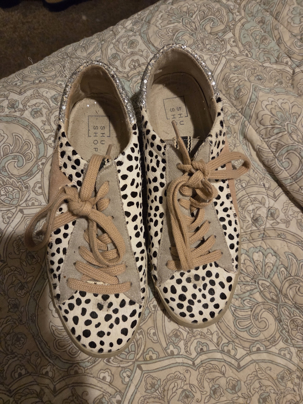 Leopard Dot Lace-Up Sneakers in Cream and Black - Womens
